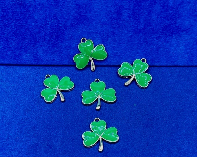 Large Gold and Bright Emerald Green Enamel Irish Shamrock Charm Pendants - Set of Five