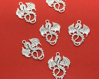 Large Silver Dragon Charm Pendent  ~ Set of 6