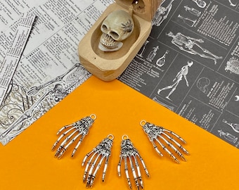 Silver Halloween & Gothic Horror Large Skeleton Hands Charm Pendants -  Set of Four