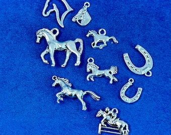 Silver Horse and Equestrian Set of Nine Assorted Charm Pendants