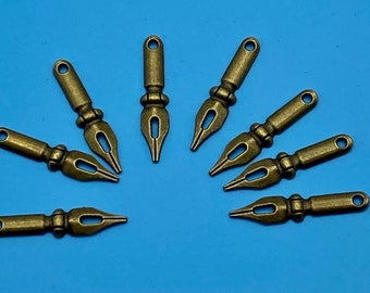 Large Bronze traditional Handwriting Pen Nibs Charm Pendants -  Set of Eight