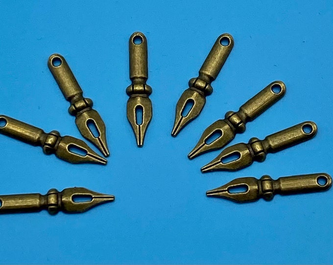 Large Bronze traditional Handwriting Pen Nibs Charm Pendants -  Set of Eight