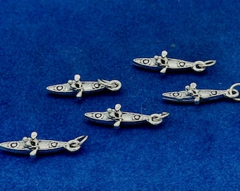 Silver Canoe Kayak with Canoeist and Paddles Charms Pendents - Set of Five