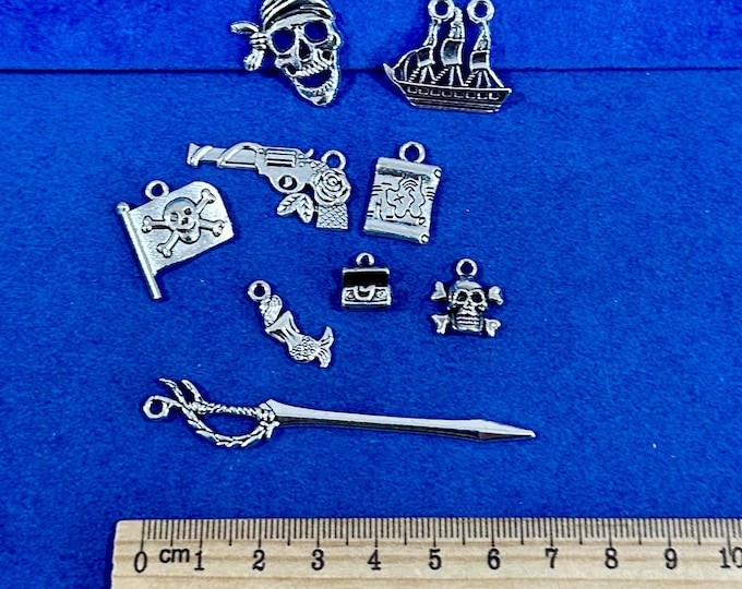 Silver Ancient Pirates Set of Treasure Hunting Charms Pendants - Set of Nine