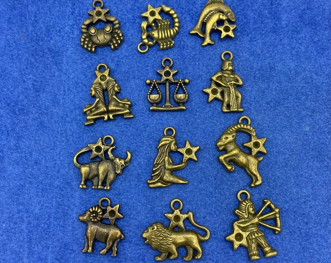 Antique Bronze Astrology Symbols Set of Twelve Zodiac Star Signs Charms Pendants - Set of Twelve