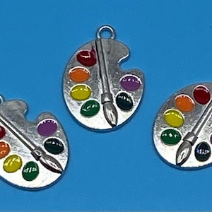 Enamel Artist Palette Charm Pendant: Silver with Brush (Set of Three)