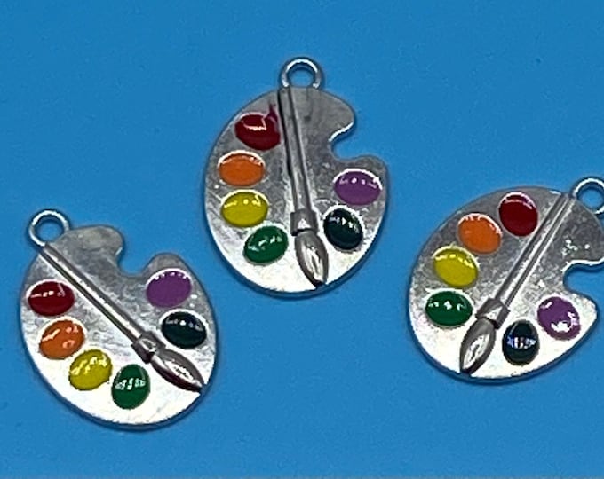 Large Silver Artist Palette with Bright Enamel Paint and Brush Charm Pendant - Set of Three