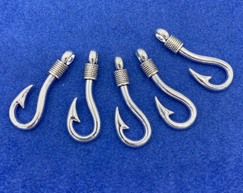 Large Silver Decorative Fish Hooks Pendant Charms ~ Set of Five