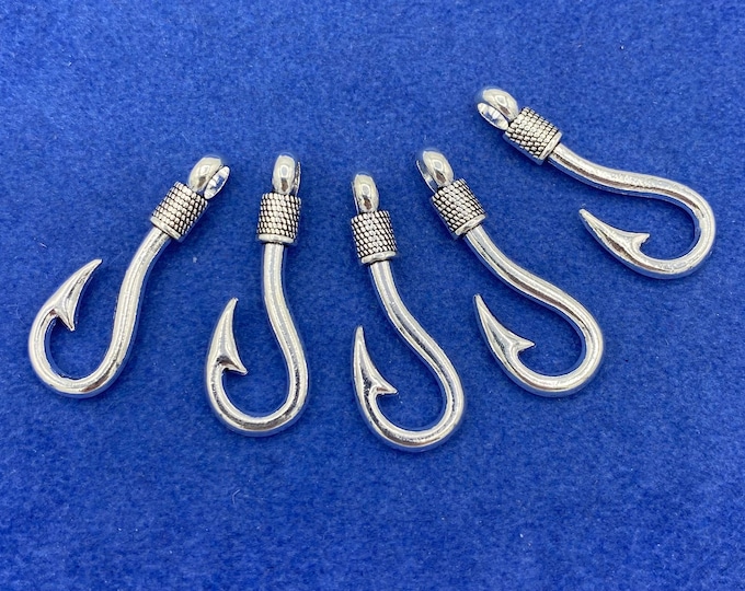 Large Silver Decorative Fish Hooks Pendant Charms ~ Set of Five
