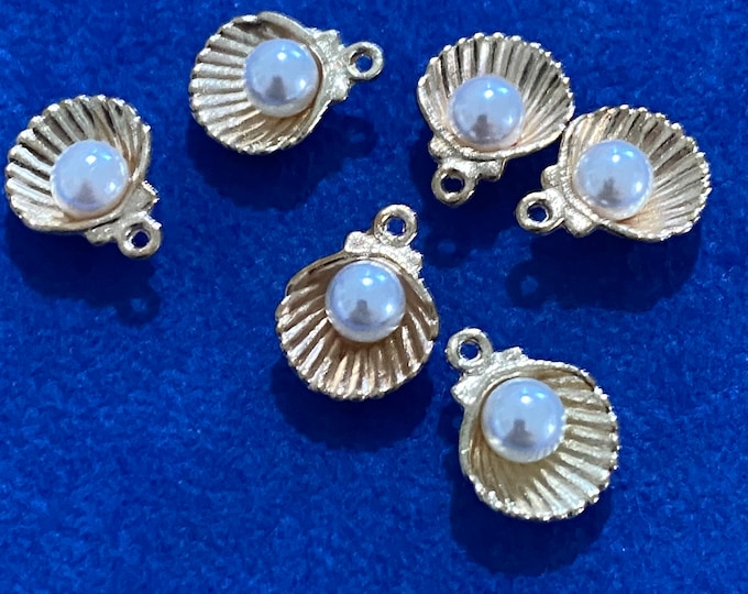 Pale Gold Oyster Clam Seashell with Pearl Charm Pendant ~ Set of Six.