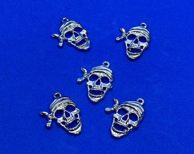 Ancient Silver Pirate Skull with Bandana Charm Pendant ~ Set of Five.