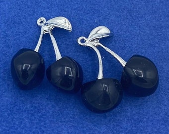 A Large Pair of Retro Juicy Black Resin & Silver Cherries Charm Pendants.