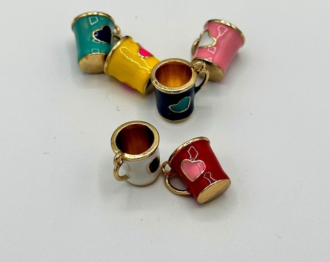 Gold & Colourful Enamel Tea Coffee Mug Charm Pendant From Alice’s Adventures In Wonderland - Set of Six