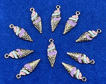 Enamel Ice Cream Cone Charms: Pastel Pink, Lilac & Green, Gold Alloy (Set of Ten)