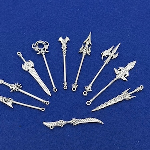 Large Silver Fantasy and Gaming Weapons Set No 2 Charms Pendants  ~  Set of Ten