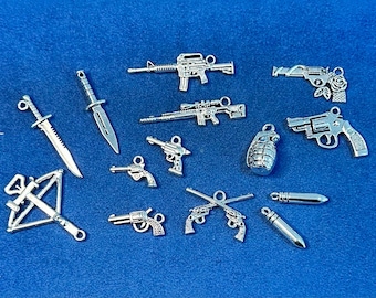 Large Silver Fantasy Retro Weapons Set Charms Pendents  ~  Set of Fourteen