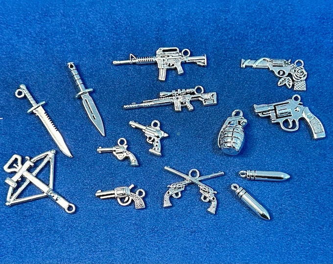 Large Silver Fantasy Retro Weapons Set Charms Pendents  ~  Set of Fourteen