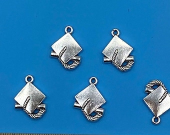 Silver Graduation Hat & Diploma Charm Pendants  ~ Set of Five