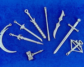 New Large Silver Fantasy and Gaming Weapons Set No 4 Charms Pendants  ~  Set of Nine
