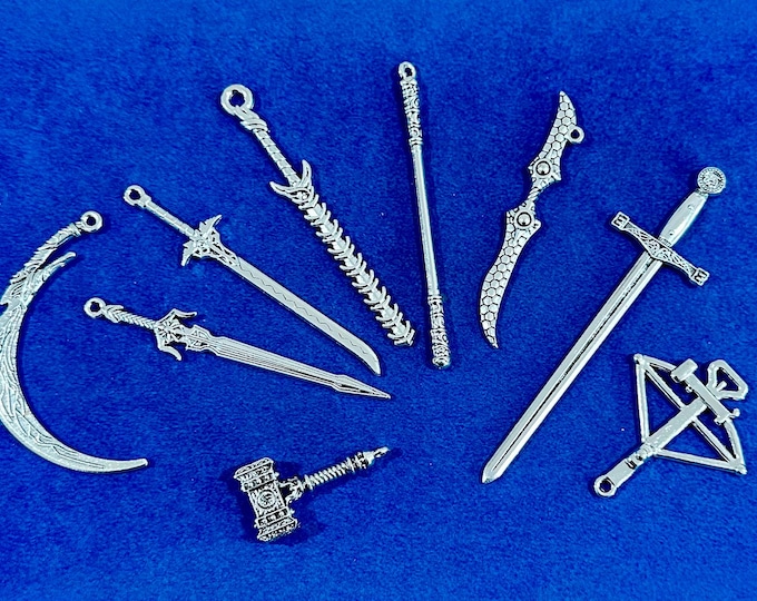 New Large Silver Fantasy and Gaming Weapons Set No 4 Charms Pendants  ~  Set of Nine