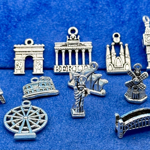 Charms et pendentifs en argent pour monuments et bâtiments des voyageurs du monde - Ensemble de douze