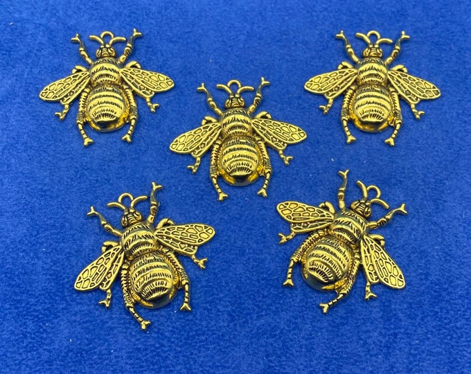 Large Bumble Bees in Antique Gold Finish Pendant Charms ~ Set of Five