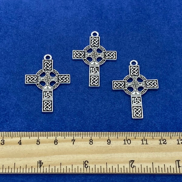 Large Silver Celtic Knot Style Cross Charm Pendants - Set of Three