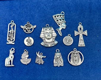 Large Set of Silver Ancient Egyptian Symbols and Motifs Charms and Pendants  - Set of Twelve
