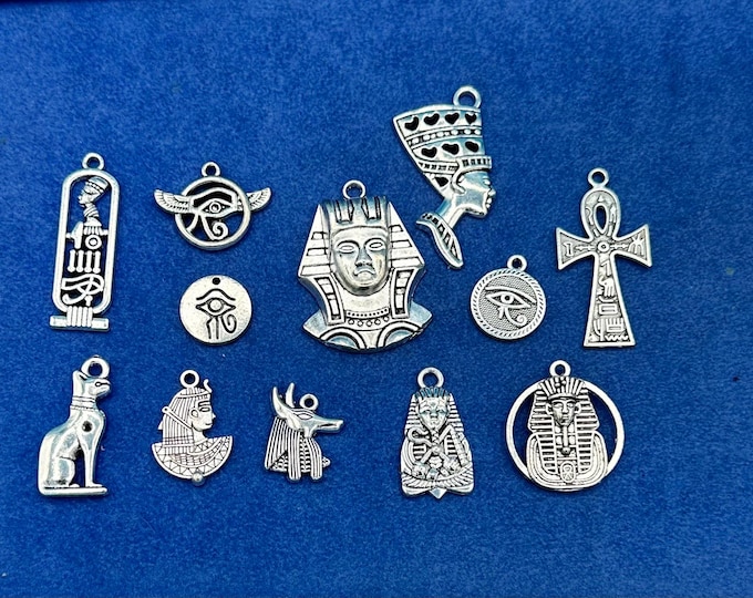 Large Set of Silver Ancient Egyptian Symbols and Motifs Charms and Pendants  - Set of Twelve