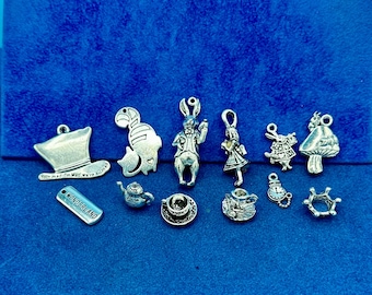 Large Set of Silver Alice’s Adventures In Wonderland Charm Pendants ~ Set of Twelve