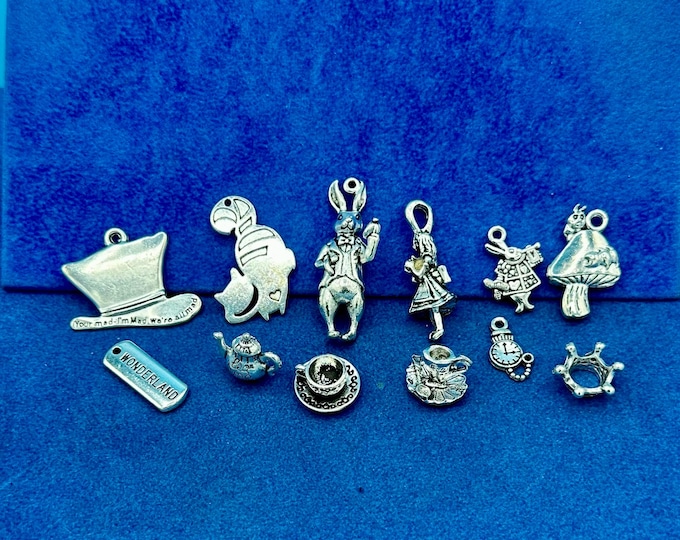 Large Set of Silver Alice’s Adventures In Wonderland Charm Pendants ~ Set of Twelve