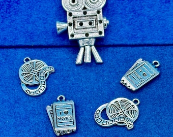 Silver Cinema Set Retro Movie Film Camera, Film Reel and Movie Tickets - Set of Five