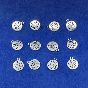 Silver Zodiac Constellation Star Signs Round Token Pendant Charms ~ Set of Twelve