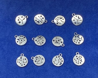 Silver Zodiac Constellation Star Signs Round Token Pendant Charms ~ Set of Twelve