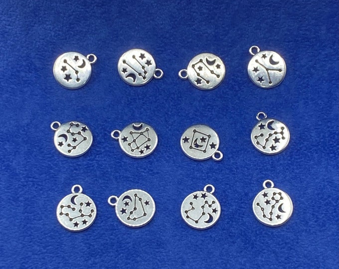 Silver Zodiac Constellation Star Signs Round Token Pendant Charms ~ Set of Twelve