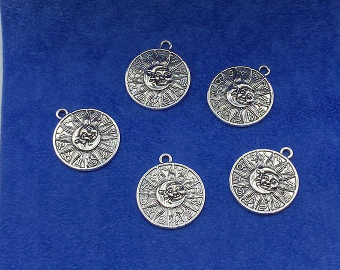 Large Silver Zodiac Medallion Charms ~ Featuring the Moon & Stars and surrounded by all twelve Zodiac ~ Set of Five