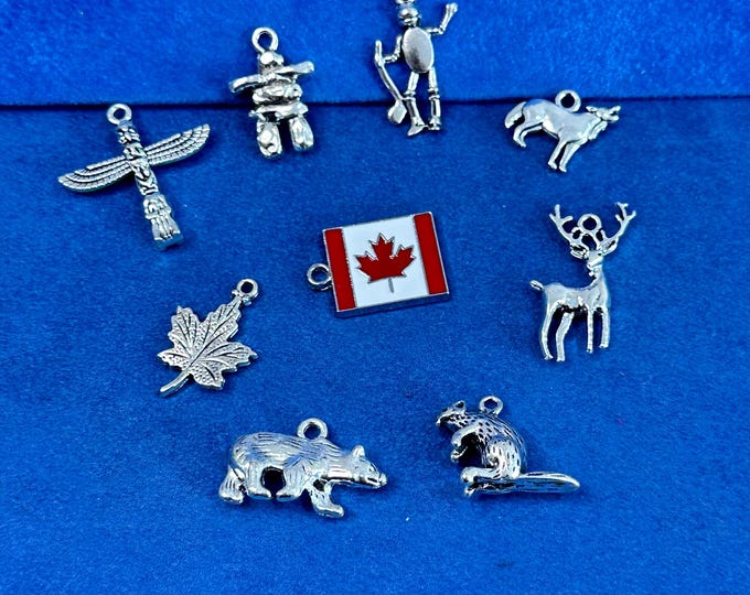 Silver Iconic Canadian Canada Emblems Charms and Pendants  - Set of Nine