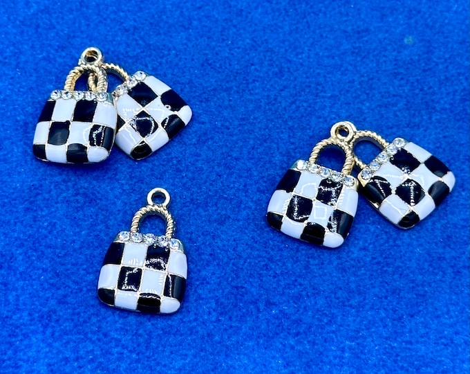 Retro Black and White Check Enamel on Gold with Diamanté Detail Handbag Pendant Charms - Set of Five