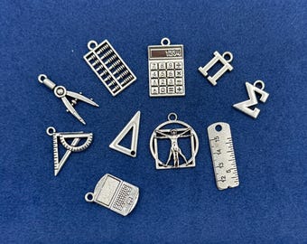 Silver Mathematics Charms and Pendants: Geometry School Set of Ten