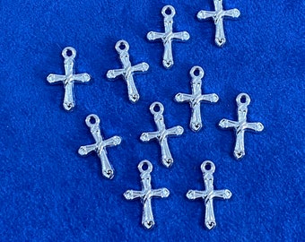 Small Bright Silver Decorative Cross Charm Pendents ~ Set of Ten
