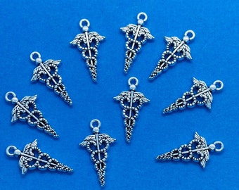 Silver Caduceus Medical Symbol Charm Pendants ~ Set Of Ten