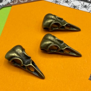 Large Antique Bronze Carrion Crow Bird Skull Charm Pendent  ~ set of Three