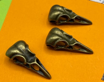 Large Antique Bronze Carrion Crow Bird Skull Charm Pendent  ~ set of Three