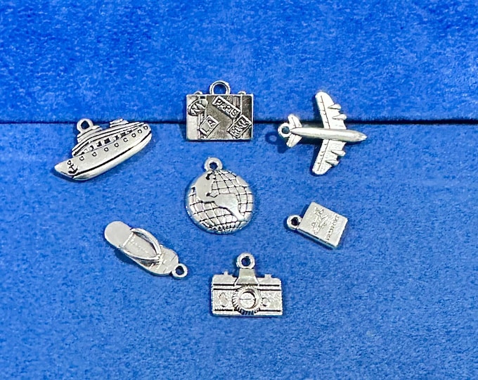 Silver Holiday & Travel Vacation Set of Charm and Pendants - set of Seven
