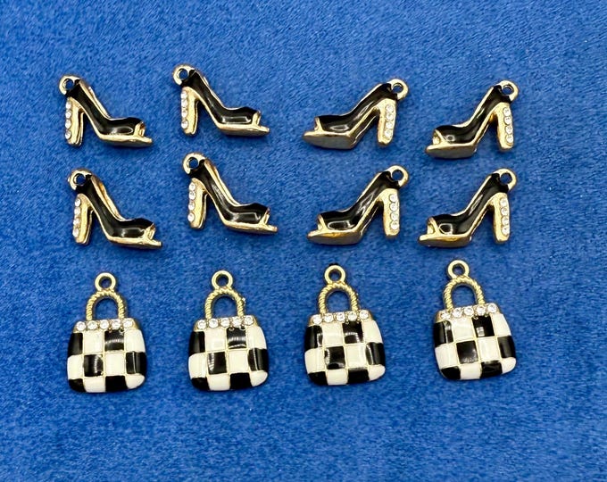 Enamel Shoe & Handbag Charms: Gold, Black, Diamanté Detail