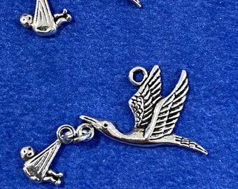 Silver New Baby Stork Carry a Dangling New Baby Charm Pendents  ~ Set of Six