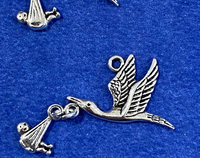 Silver New Baby Stork Carry a Dangling New Baby Charm Pendents  ~ Set of Six