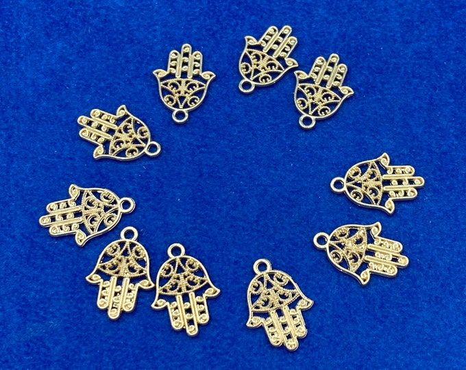Gold Traditional Filigree Hand of Fatima Charm Pendents - Set of Ten