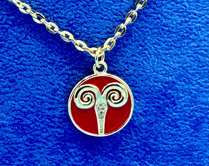 Aries Star Sign Zodiac Charm Pendant Necklace, Red Enamel Real 18Kt Gold Plate, Micro Pave Clear Cubic Zirconia