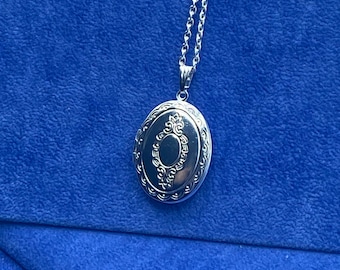 Stainless Steel Oval Photo Locket with a Regency Floral Design with Silver Necklace.